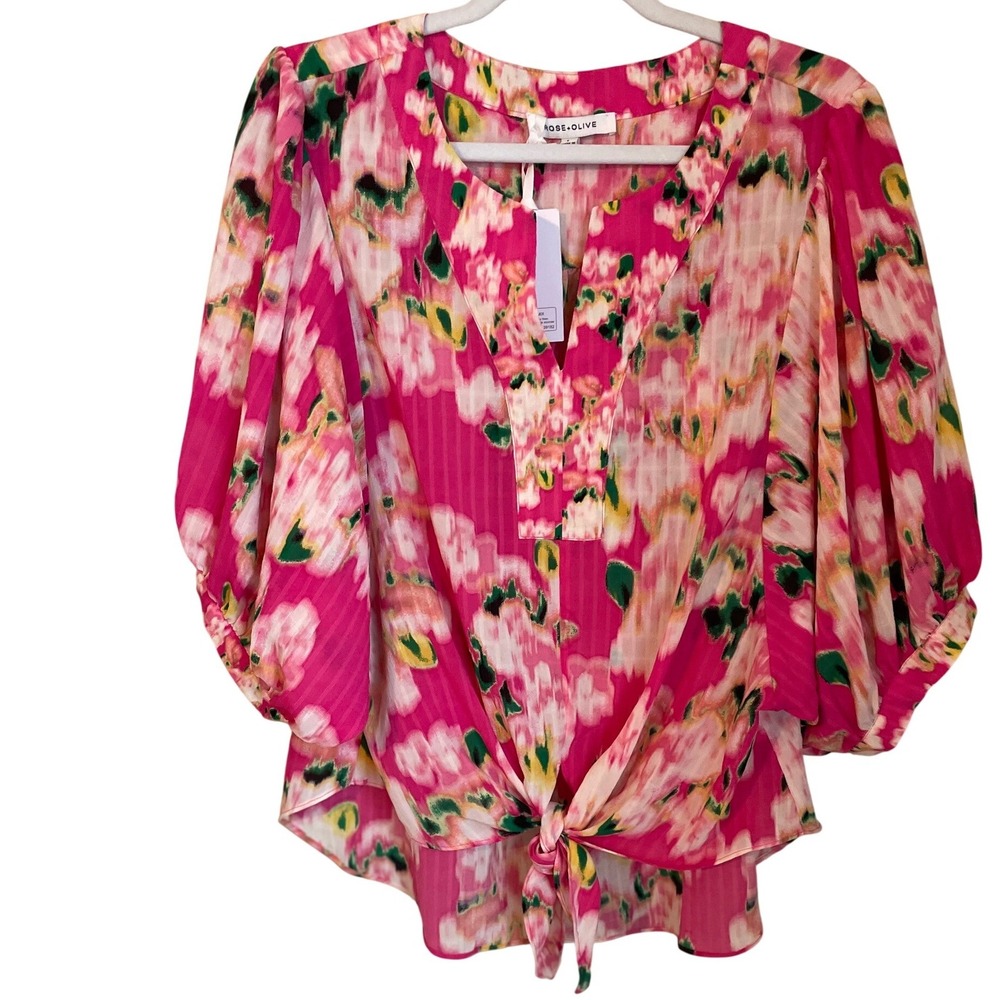 ROSE+OLIVE Womens Size L Pink Floral Tie Front Puff Kimono Sleeve V-Neck‎ Blouse